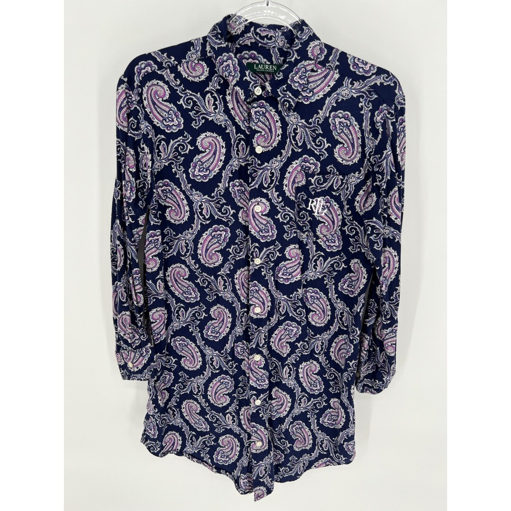 LAUREN RALPH LAUREN Button Down Shirt Women S Blue Pink Paisley LRL Logo